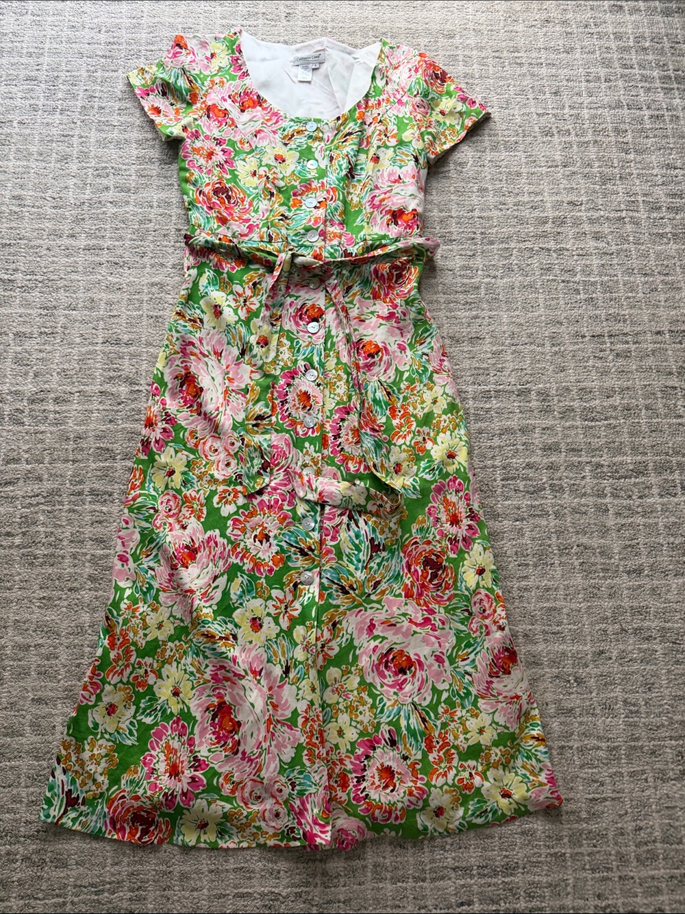 Coldwater Creek linen blend floral midi dress, button front, 8 green/pink